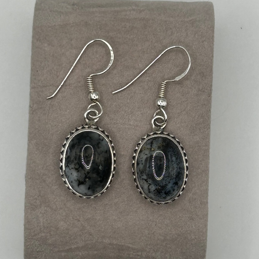 Unique 925 Sterling Bali Black Moss Agate Stone Earrings
